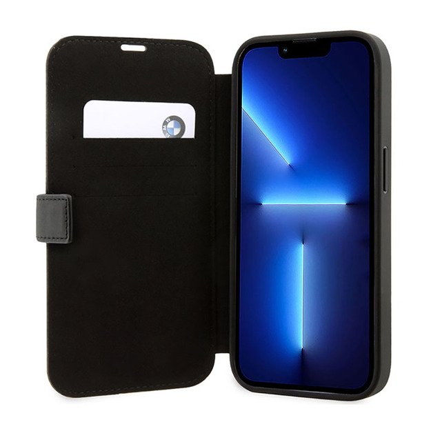 BMW Booktype odinis antspaudas mėlynos linijos – iPhone 14 Pro dėklas (juodas)