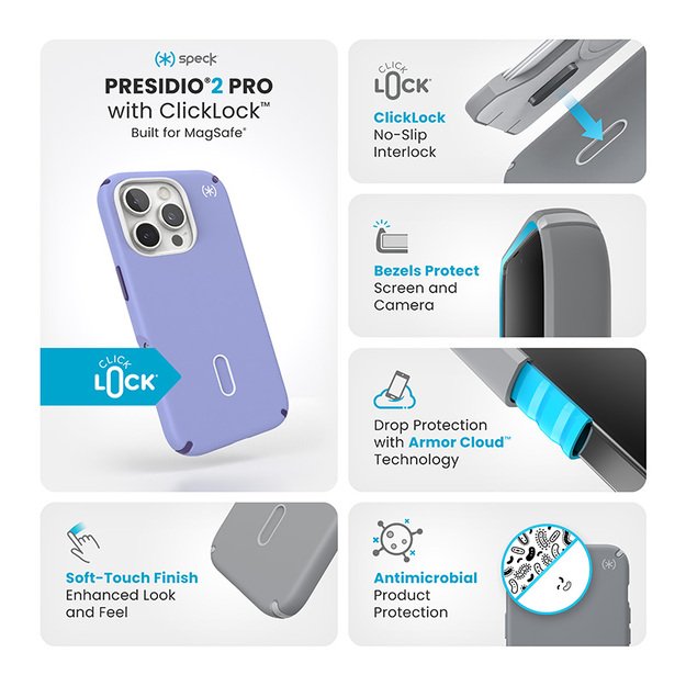 Speck Presidio2 Pro ClickLock & MagSafe – dėklas, skirtas iPhone 16 Pro (ateities levandų spalva / Cassis violetinė / balta)