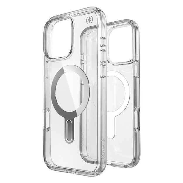 Speck Presidio Perfect-Clear ClickLock & MagSafe – dėklas, skirtas iPhone 16 Pro Max (skaidrus / chromo apdaila / ramus sidabras)