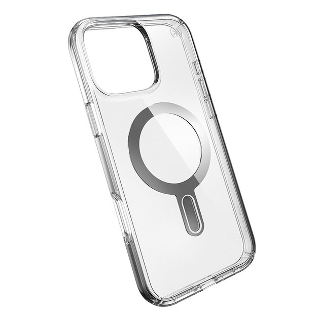 Speck Presidio Perfect-Clear ClickLock & MagSafe – dėklas, skirtas iPhone 16 Pro Max (skaidrus / chromo apdaila / ramus sidabras)