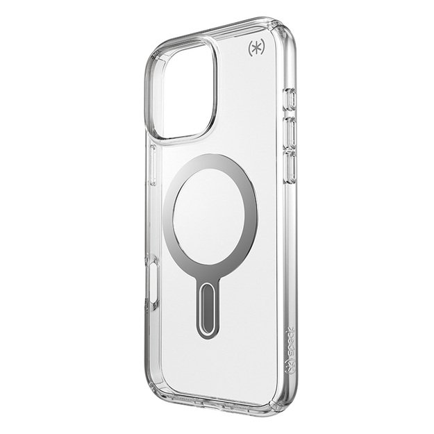 Speck Presidio Perfect-Clear ClickLock & MagSafe – dėklas, skirtas iPhone 16 Pro Max (skaidrus / chromo apdaila / ramus sidabras)