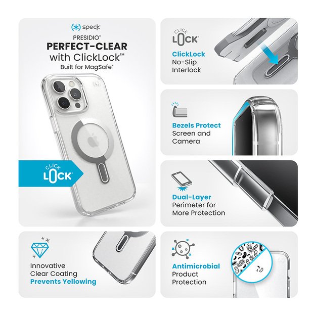 Speck Presidio Perfect-Clear ClickLock & MagSafe – dėklas, skirtas iPhone 16 Pro Max (skaidrus / chromo apdaila / ramus sidabras)