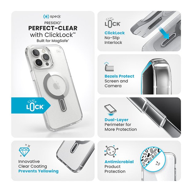 Speck Presidio Perfect-Clear ClickLock & MagSafe – dėklas, skirtas iPhone 16 Pro Max (skaidrus / chromo apdaila / ramus sidabras) 3