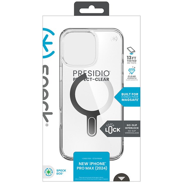 Speck Presidio Perfect-Clear ClickLock & MagSafe – dėklas, skirtas iPhone 16 Pro Max (skaidrus / chromo apdaila / ramus sidabras)