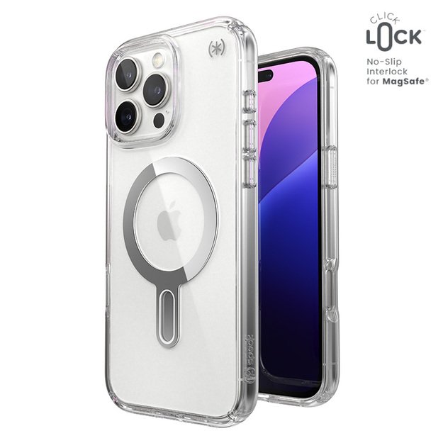 Speck Presidio Perfect-Clear ClickLock & MagSafe – dėklas, skirtas iPhone 16 Pro Max (skaidrus / chromo apdaila / ramus sidabras)