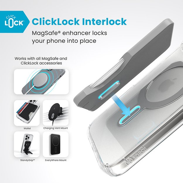 Speck Presidio Perfect-Clear ClickLock & MagSafe – dėklas, skirtas iPhone 16 Pro Max (skaidrus / chromo apdaila / ramus sidabras)