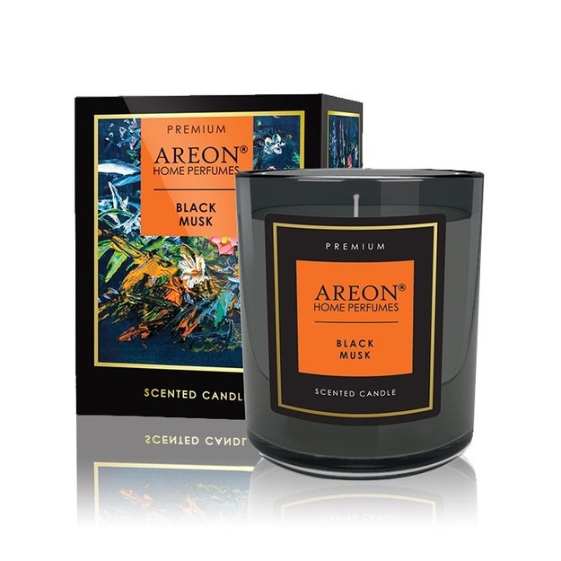 Aromatinė žvakė BLACK MUSK su kortele palinkėjimui įra&scaron;yti ir degtukais (~40 h), 200g │ AREON  