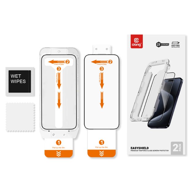 „Crong EasyShield 2-Pack“ – grūdintas stiklas, skirtas „iPhone 16“ / „iPhone 15“ (2 vnt.)