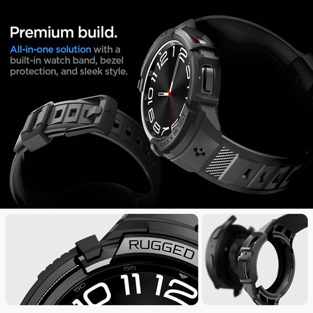 Spigen Rugged Armor Pro – dirželis + dėklas, skirtas Samsung Galaxy Watch 6 Classic 47 mm (juodas)