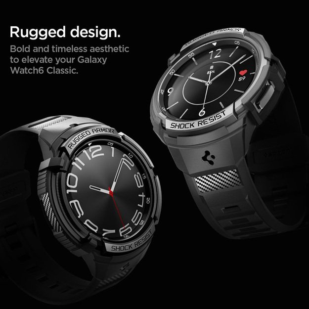 Spigen Rugged Armor Pro – dirželis + dėklas, skirtas Samsung Galaxy Watch 6 Classic 47 mm (juodas)