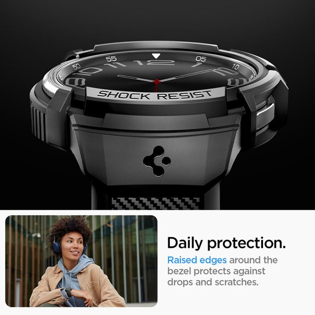 Spigen Rugged Armor Pro – dirželis + dėklas, skirtas Samsung Galaxy Watch 6 Classic 47 mm (juodas)