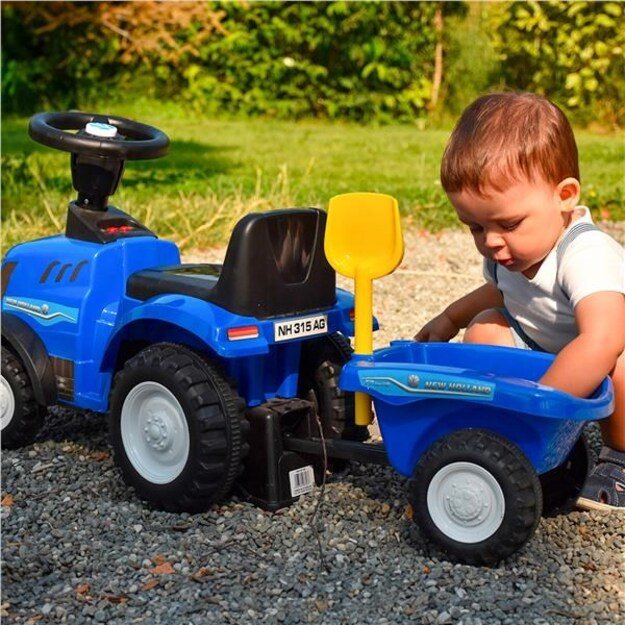 Baby Mix New Holland mėlynas traktorius su traktoriumi ir įrankiais