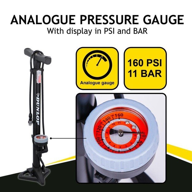 Dunlop - Grindų pompa dviračiams, kamuoliams, čiužiniams su manometru (juoda) 6