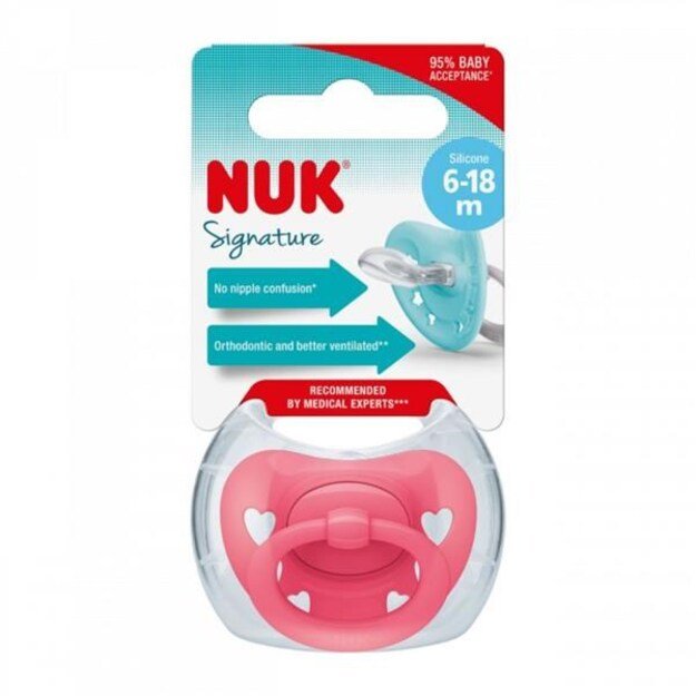 NUK Signature čiulptukas 6-18 m rožinė širdelė, dydis 6-18 m, 6-18 m