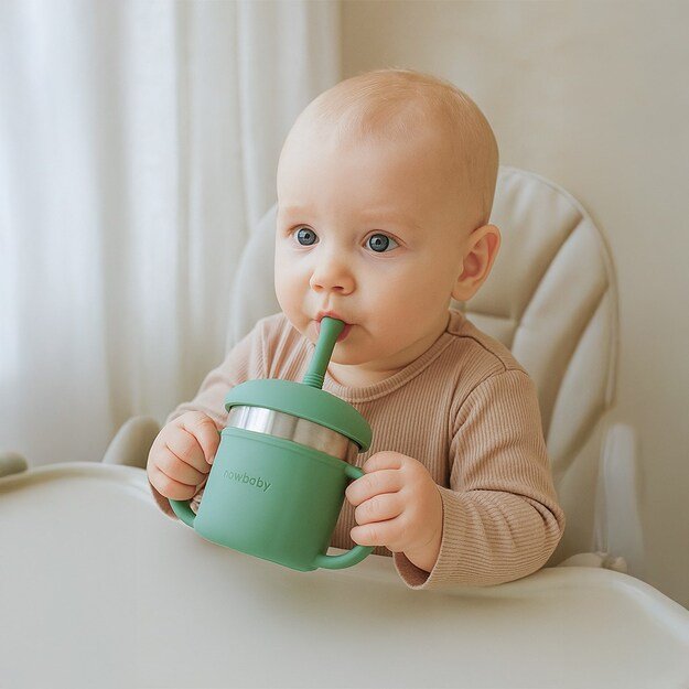 Kūdikių silikoninis puodelis 2in1 New Baby žalias