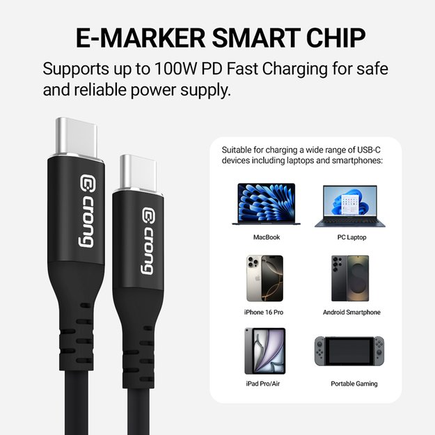 „Crong Soft Link“ – 100 W PD 5A USB-C į USB-C laidas 120 cm (juodas)