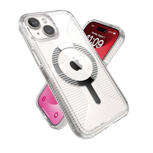 Speck Gemshell Grip + MagSafe – dėklas, skirtas iPhone 16e / iPhone 15 / iPhone 14 / iPhone 13 (Clear / Chrome Finish) 23