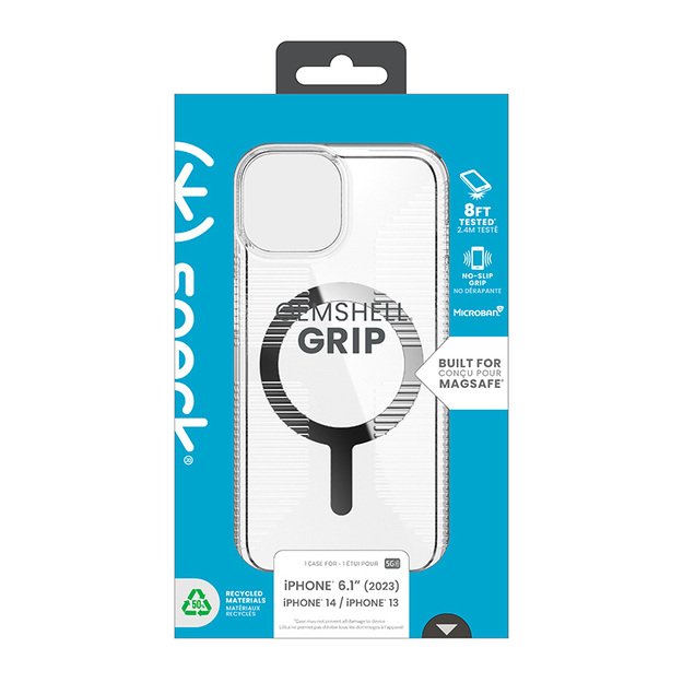 Speck Gemshell Grip + MagSafe – dėklas, skirtas iPhone 16e / iPhone 15 / iPhone 14 / iPhone 13 (Clear / Chrome Finish) 24