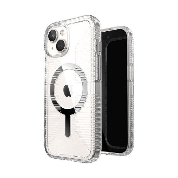 Speck Gemshell Grip + MagSafe – dėklas, skirtas iPhone 16e / iPhone 15 / iPhone 14 / iPhone 13 (Clear / Chrome Finish) 13