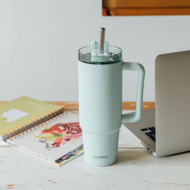 Quokka Stream – nerūdijančio plieno termo puodelis 950 ml su šiaudeliais (turkis) 6