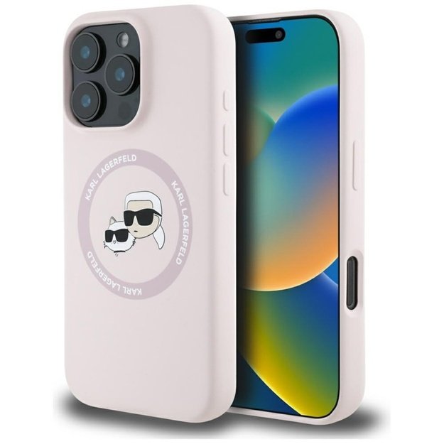 „Karl Lagerfeld“ silikoninis dvigubų galvučių ir apskritimo formos „MagSafe“ dėklas, skirtas „iPhone 16 Pro“ (rožinis)