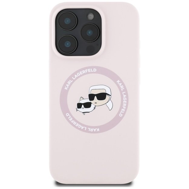 „Karl Lagerfeld“ silikoninis dvigubų galvučių ir apskritimo formos „MagSafe“ dėklas, skirtas „iPhone 16 Pro“ (rožinis)