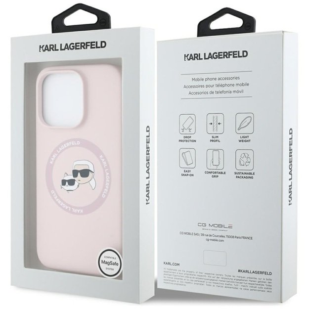 „Karl Lagerfeld“ silikoninis dvigubų galvučių ir apskritimo formos „MagSafe“ dėklas, skirtas „iPhone 16 Pro“ (rožinis)