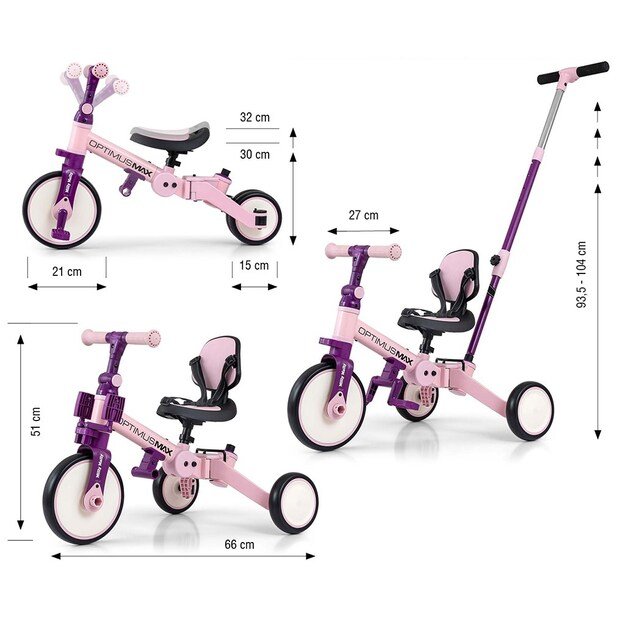 Milly Mally Optimus Max 5in1 tricycle with guide bar pink
