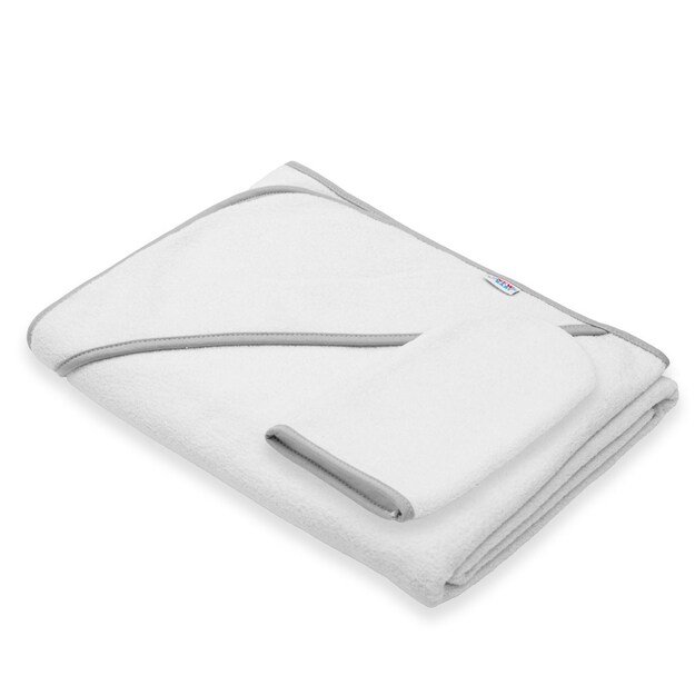 Kūdikio kilpinis rankšluostis su gobtuvu New Baby BASIC 100x100 baltai pilkas