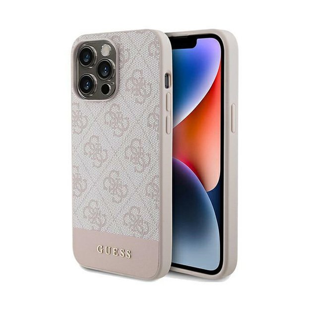„Guess 4G Bottom Stripe“ kolekcija – „iPhone 15 Pro Max“ dėklas (rožinis)