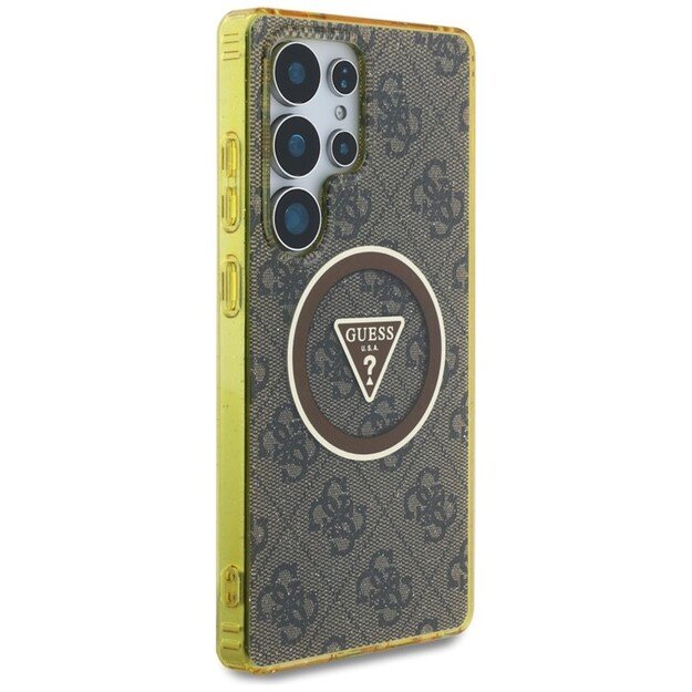 „Guess 4G“ blizgantys trikampiai mygtukai – „MagSafe“ dėklas, skirtas „Samsung Galaxy S25 Ultra“ (rudas) 4