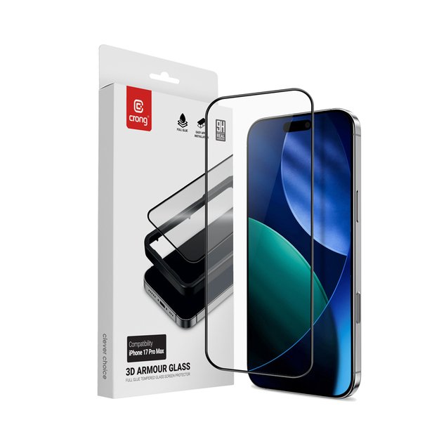 „Crong 3D Armour Glass“ – grūdintas stiklas iPhone 17 Pro Max + montavimo rėmelis 1