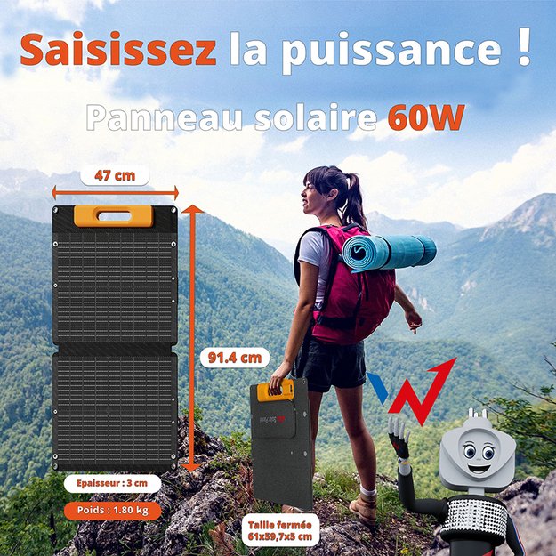 Wonder Ws60 – 60 W saulės baterija su USB-C PD 30W ir USB-A QC 18W išvestimi (juoda) 17