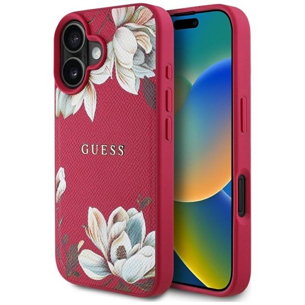 „Guess“ grūdėtu raštu margintas gėlių raštas – „MagSafe“ dėklas, skirtas „iPhone 16“ (fuksijos spalvos) 1