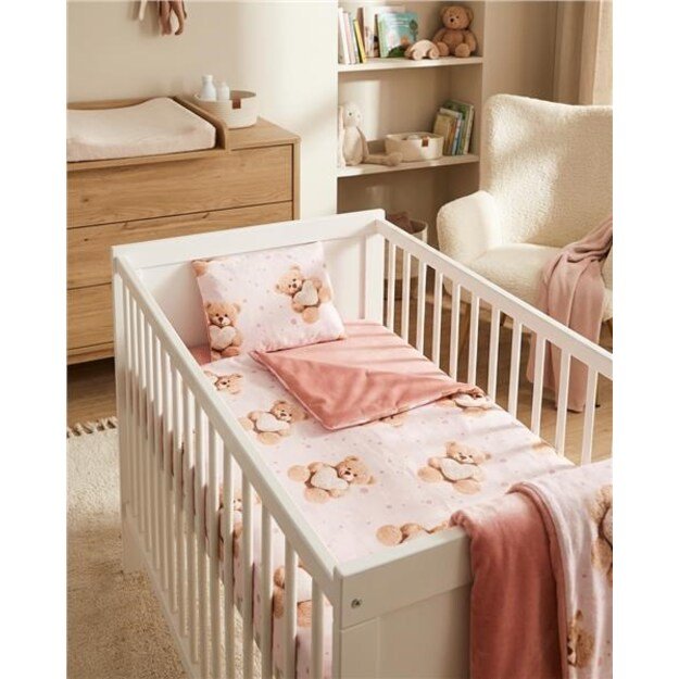 Dvipusis aksomo ir medvilnės komplektas vežimėliui „New Baby Love“ meškiukas, rožinis 1