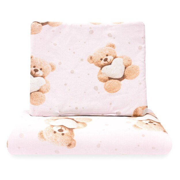 Dvipusis aksomo ir medvilnės komplektas vežimėliui „New Baby Love“ meškiukas, rožinis