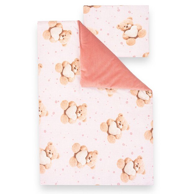 Dvipusis aksomo ir medvilnės komplektas vežimėliui „New Baby Love“ meškiukas, rožinis 1