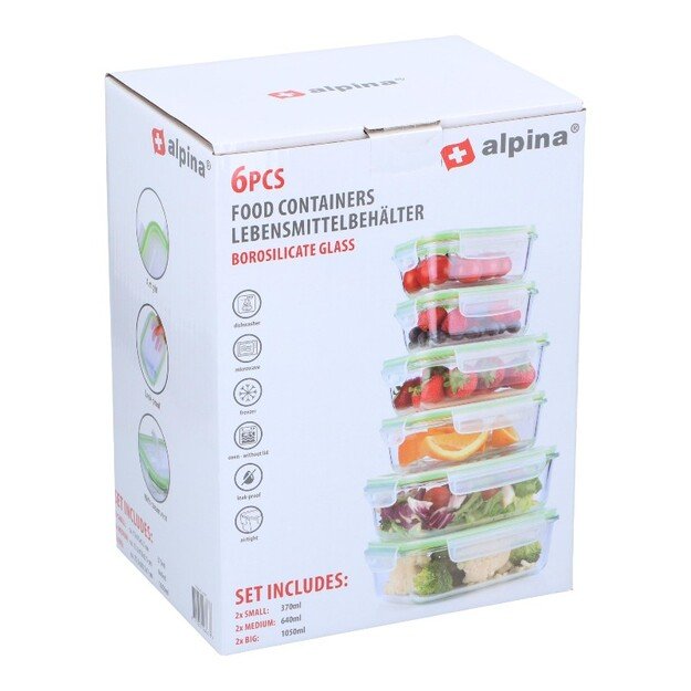 Alpina - 6 stiklinių maisto indelių su dangteliu rinkinys pietums 370 ml / 640 ml / 1050 ml 11