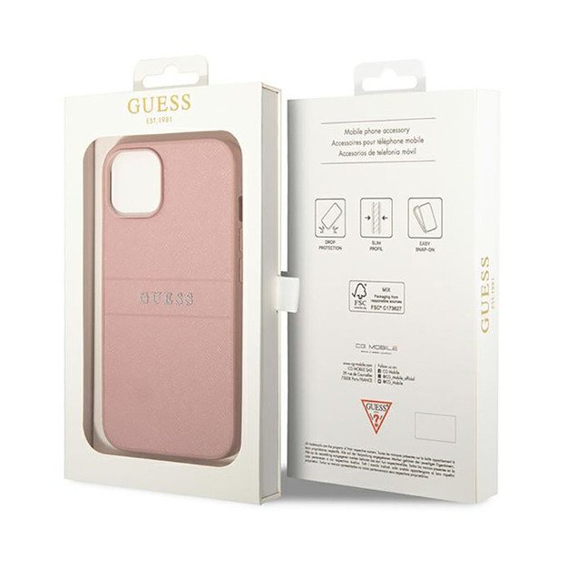 Guess Saffiano metalo logotipo juostelės – dėklas, skirtas iPhone 14 Plus (rožinis) 12