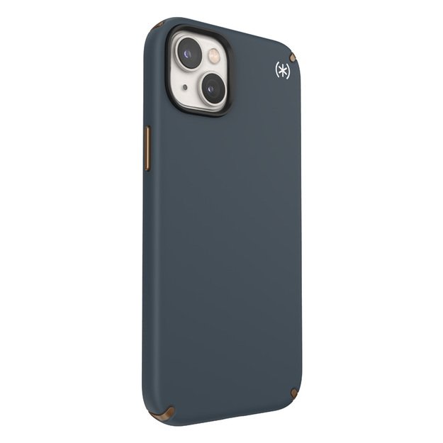 Speck Presidio2 Pro – iPhone 15 Plus / 14 Plus dėklas su MICROBAN danga (anglis / šalta bronza / šiferis)