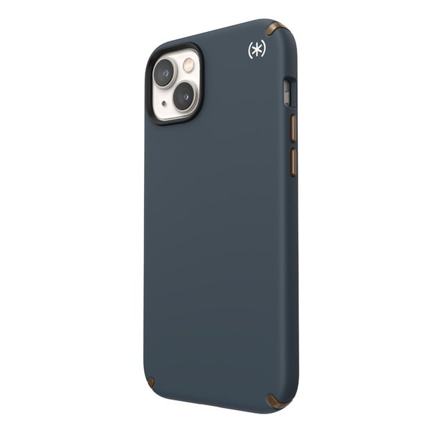 Speck Presidio2 Pro – iPhone 15 Plus / 14 Plus dėklas su MICROBAN danga (anglis / šalta bronza / šiferis)