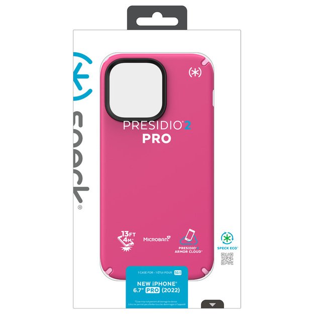 Speck Presidio2 Pro – „iPhone 14 Pro Max“ dėklas su MICROBAN danga (skaitmeninė rožinė / „Blossompink“ / balta)