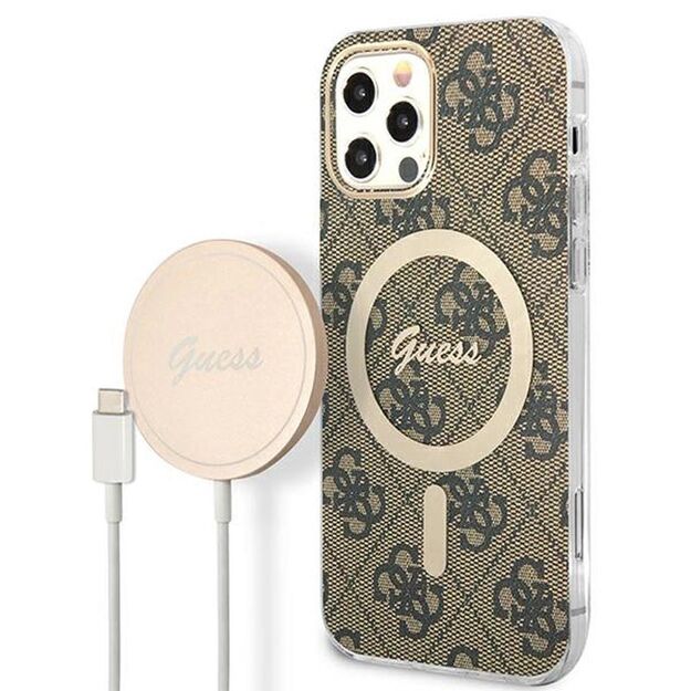 Guess Bundle Pack MagSafe 4G – iPhone 12 / iPhone 12 Pro dėklo rinkinys + MagSafe įkroviklis (ruda/auksinė)