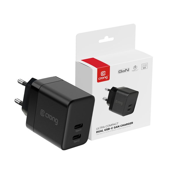 Crong Ultra Compact GaN – sieninis įkroviklis 2x USB-C maitinimo tiekimas 35 W (juodas)