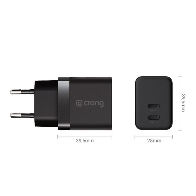 Crong Ultra Compact GaN – sieninis įkroviklis 2x USB-C maitinimo tiekimas 35 W (juodas)