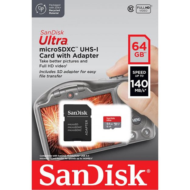 SanDisk Ultra microSDXC - Atminties kortelė 64 GB A1 Class 10 UHS-I 140 MB/s su adapteriu