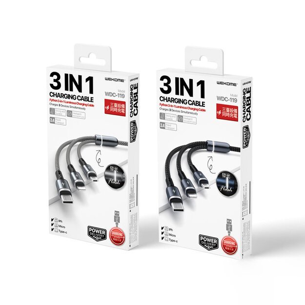 WEKOME WDC-119 „Fython“ serija – „trys viename“ USB-A prie „Lightning“ + USB-C + „Micro USB PD“ jungiamasis laidas, 1,2 m (sidabrinis) 4