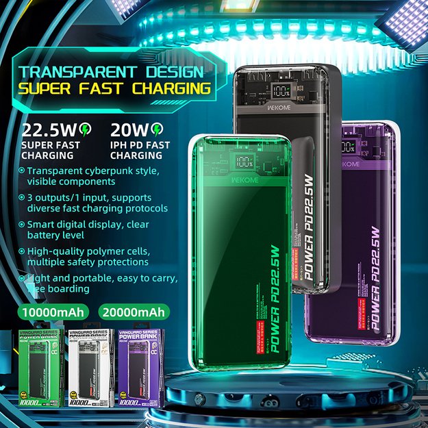 WEKOME WP-353 Vanguard serija – maitinimo blokas 10 000 mAh PD 20 W + QC 22,5 W (žalias / skaidrus) 14