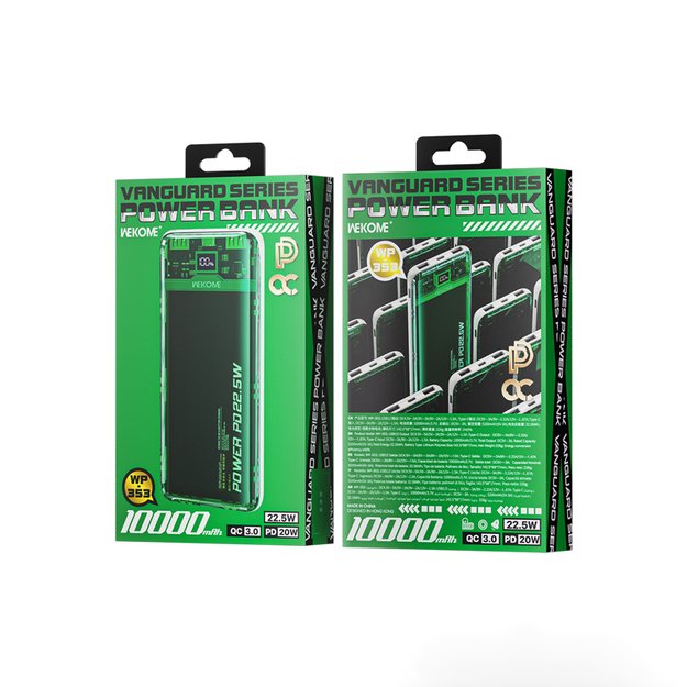 WEKOME WP-353 Vanguard serija – maitinimo blokas 10 000 mAh PD 20 W + QC 22,5 W (žalias / skaidrus)