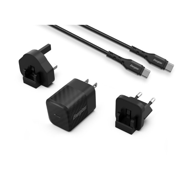Energizer Ultimate – kelių kištukų ES / JK / JAV GaN 20 W PD maitinimo įkroviklis + USB-C laidas (juodas)